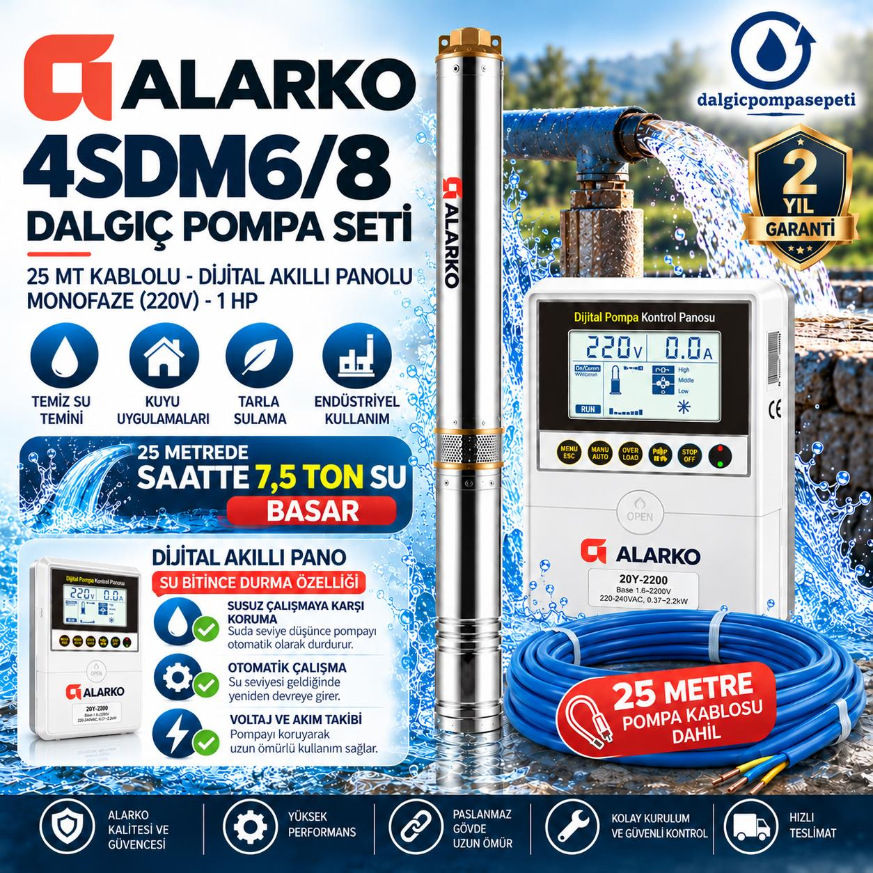 Alarko 4SDM6/8 Dalgıç Pompa Set Halinde - 25 mt Kablolu - Dijital Akıllı Panolu - Monofaze (220V)