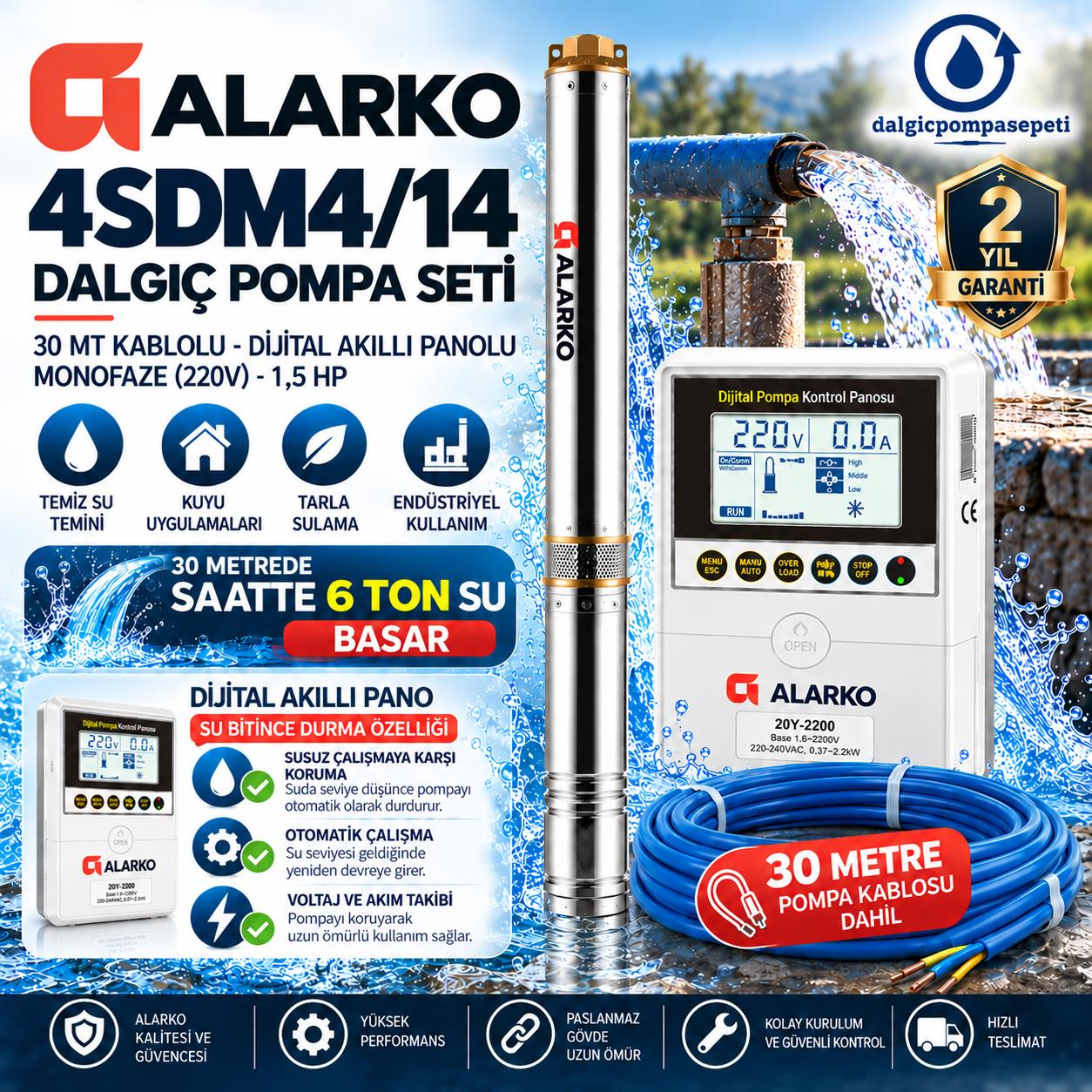 Alarko 4SDM4/14 Dalgıç Pompa Set Halinde - 30 mt Kablolu - Dijital Akıllı Panolu - Monofaze (220V)
