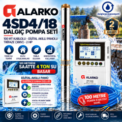 Alarko 4SD4/18 Dalgıç Pompa Set Halinde - 100 mt Kablolu - Dijital Akıllı Panolu - Trifaze (380V)