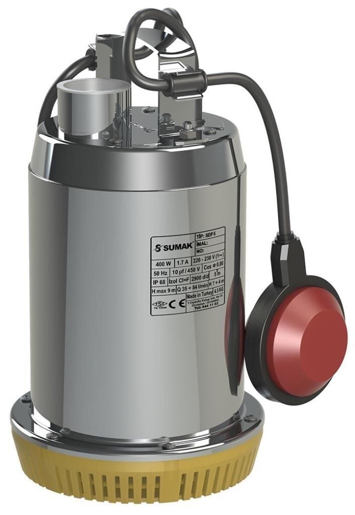Sumak SDF6 Paslanmaz Gövdeli Drenaj Dalgıç Pompa Monofaze (220V) - 0.5 Hp